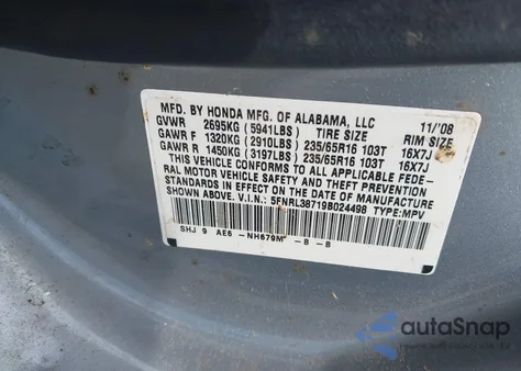 2009 Honda Odyssey Ex-L from USA, damaged, VIN 5FNRL38719B024498
